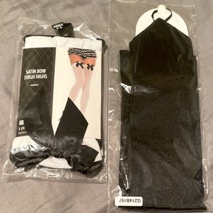 Satin Black Bow Thigh High White Tights Open Finger Stretch Sexy Women Gloves